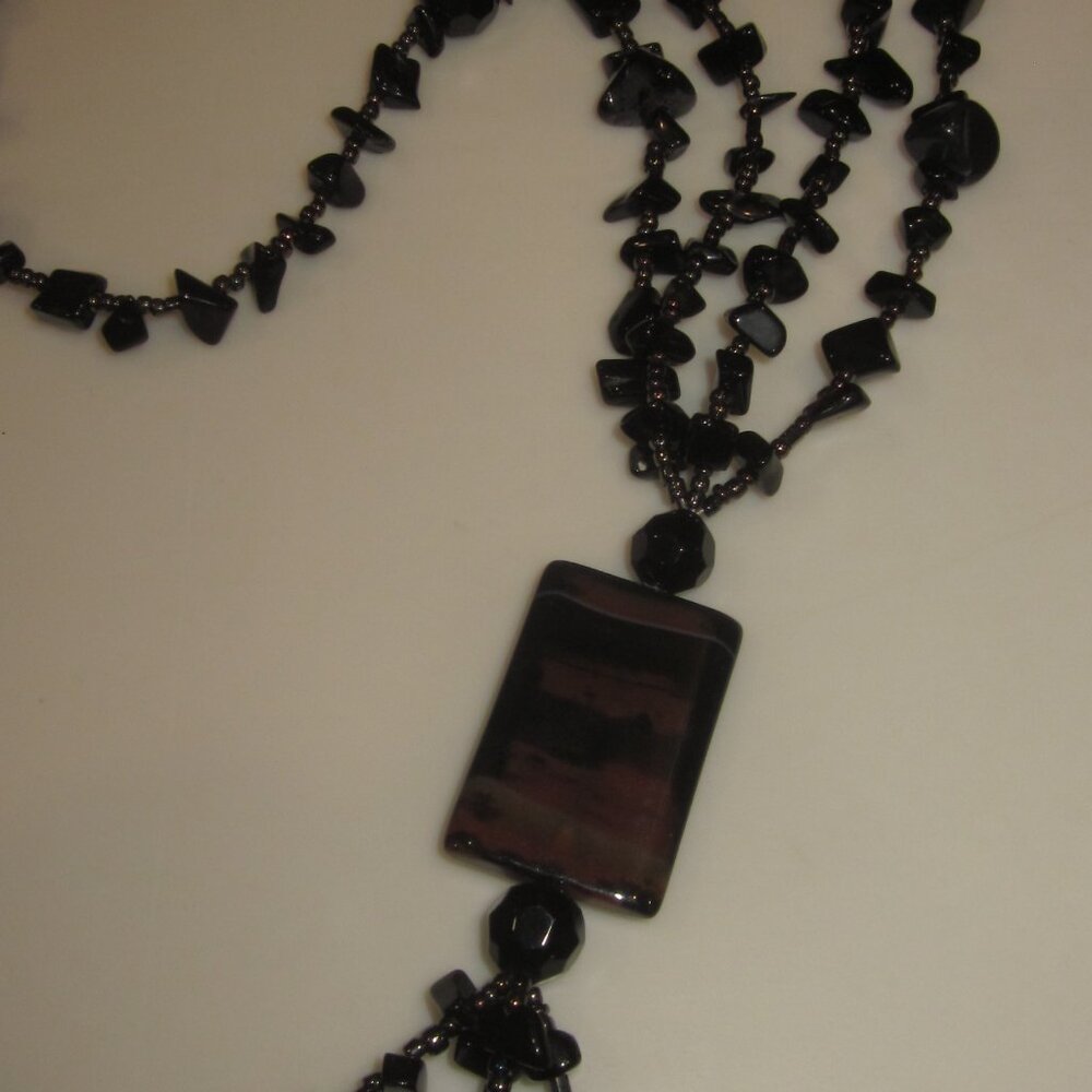 Long Black Obsidian or Glass Beaded Necklace - Picture 4 of 7